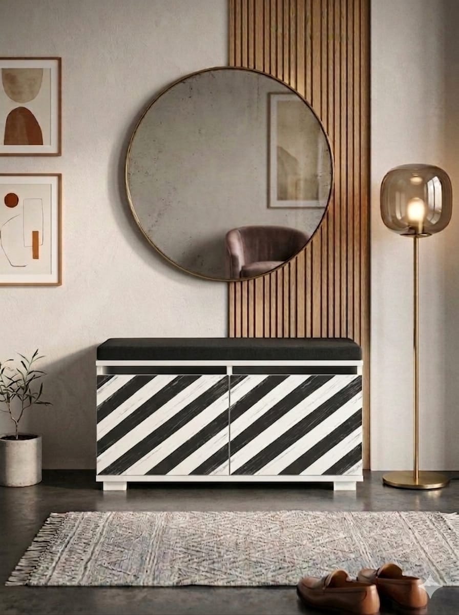 SAN MARCO 80 cm Minderli Ayakkabılık Oturaklı | 2 Kapaklı Beyaz Ayakkabı Dolabı | Deri Puflu Bench Portmanto | 6-8 Çift Kapasiteli Modern Antre Dolabı