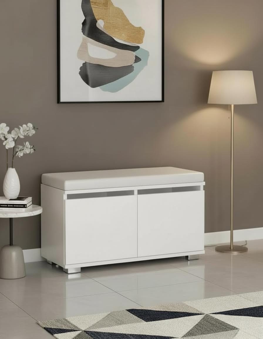 ISOLA 80 cm Minderli Ayakkabılık Oturaklı | 2 Kapaklı Beyaz Ayakkabı Dolabı | Deri Puflu Bench Portmanto | 6-8 Çift Kapasiteli Modern Antre Dolabı
